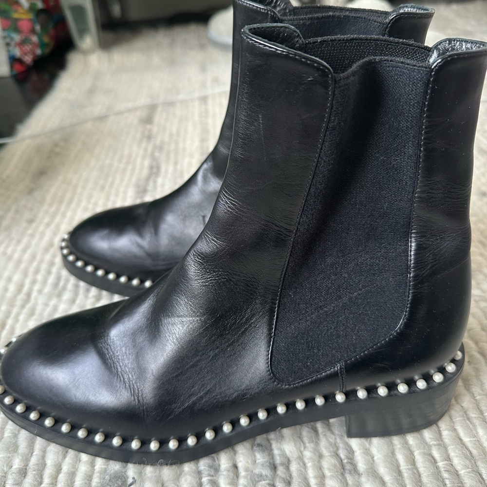 Stuart Weitzman Cline Chelsea Leather Boots with Pearl Detailing